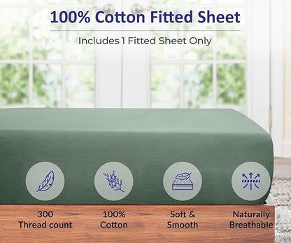ROYALE LINENS 300 Thread Count 100% Long Staple Combed Cotton Fitted Sheet Twin XL - Super Soft Deep Pocket Bottom Sheet - Fitted Sheets Only - Elastic Sheets (Twin XL, Sage Green)