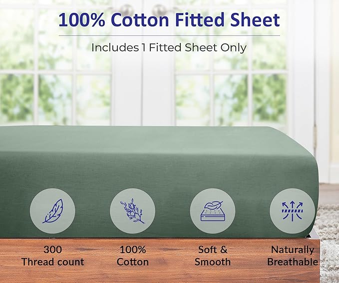 ROYALE LINENS 300 Thread Count 100% Long Staple Combed Cotton Fitted Sheet Queen - Super Soft Deep Pocket Bottom Sheet - Fitted Sheets Only - Elastic Sheets (Queen, Sage Green)