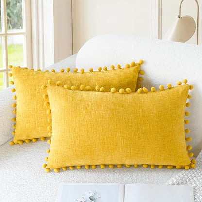 CaliTime Throw Pillow Covers Decorative 20 X 12 Inches Pack of 2 Cozy Solid Dyed Soft Chenille Cushion Cases with Pom Poms for Couch Sofa Bed Living Room Home Mustard Yellow