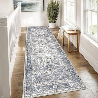 KUTA Vintage Wide Runners for Hallways 3x8 ft Washable Kitchen Runner Non Slip Rubber Backed Grey Blue Hall Runners Entryway Runner Rugs Floor Carpet for Indoor Backdoor Bedroom Kitchen