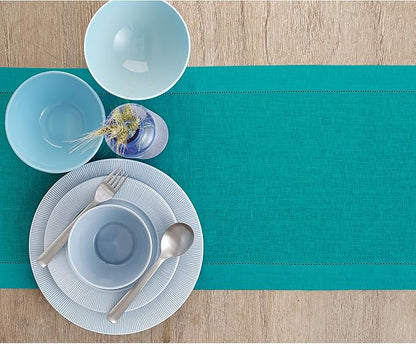 Solino Home Linen Teal Table Runner 72 Inches Long - 100% Pure Linen Hemstitch Table Runner 14 x 72 Inch for Dresser, Dining, Christmas, New Year - Classic Hemstitch