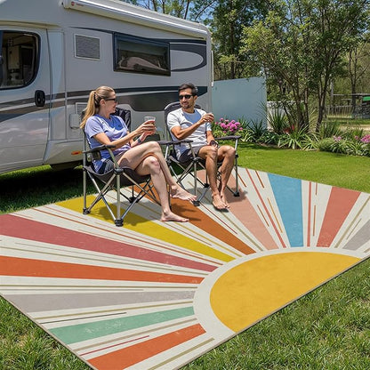 Multicolored Outdoor Indoor Area Rug Boho Sun Rainbow Washable Outdoor Patio Rugs Medieval Aesthetic Vintage Abstract Art Non-Slip Carpet for Living Room, Patio, Porch, Pool Deck (5x8)
