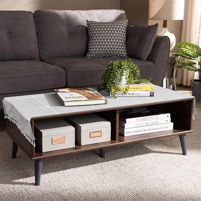 Coffee Table Cloth, Coffee Table Cover with Pockets and Tassel, Grey Grid for Living Room Small Rectangle Tablecloths Washer Dryer Fridge Top Dust Cover,Easy Care Machine Washable