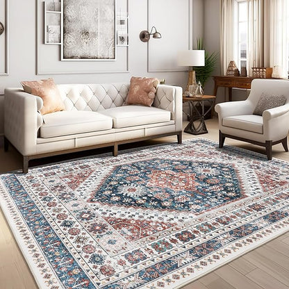 zesthome 8x10 Area Rugs for Living Room,Non-Slip Backing Washable Rugs,Vintage Large Area Rug，Stain Resistant Home Decor Rug (Navy Blue/Red,8'x10')