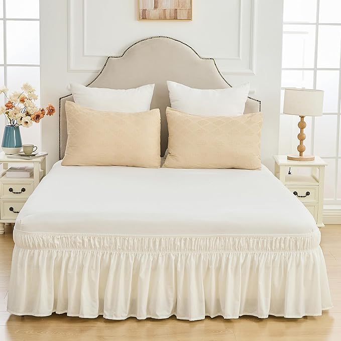 BISELINA Wrap Around Bed Skirts 17" Drop, Cotton Adjustable Elastic Dust Ruffles Easy Fit Wrinkle & Fade Resistant Soft Cozy Elegant Luxurious Bedding - White, King Size