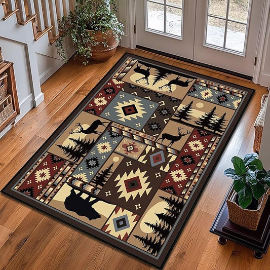 Rustic Rug for Bedroom,Cabin Wildlife Area Rug 3x5 Throw Carpet,Buffalo Plaid Bear Moose Deer Country,Ultra-Thin Washable Kitchen Rugs Indoor Entryway Rug Non Slip Floor Carpets for Living Room,Office
