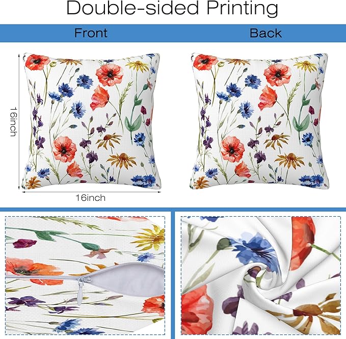 Wildflowers Throw Pillow Covers Set of 2 Watercolor Poppy Pillow Covers 16x16 Inch Modern Farmhouse Home Decorative Pillow Cases Cushion Cover for Sofa Living Room Office