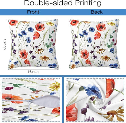 Wildflowers Throw Pillow Covers Set of 2 Watercolor Poppy Pillow Covers 16x16 Inch Modern Farmhouse Home Decorative Pillow Cases Cushion Cover for Sofa Living Room Office