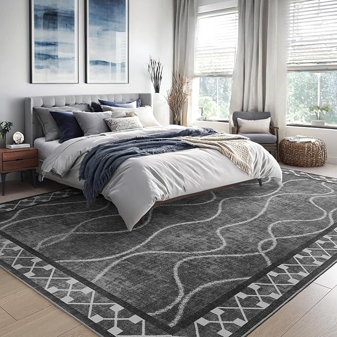 Area Rugs 6x9 Washable Rug, Non-Slip Rugs for Living Room, Low Pile Bordered Rugs Alfombras, Large Print Rubber Backing Indoor Carpet for Home Decor Bedroom Nursery Dining Room, Dark Grey