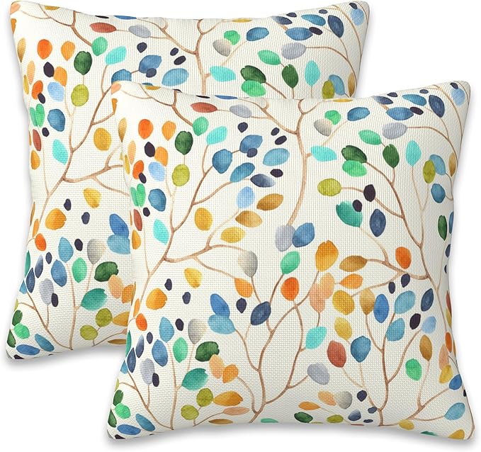 Throw Pillow Covers Colorful Leaves Spots Pillow Covers 20x20 Inch Set of 2 Boho Floral Throw Pillows Decorative Pillow Cases Cushion Covers for Bedroom Livingroom Sofa Farm House
