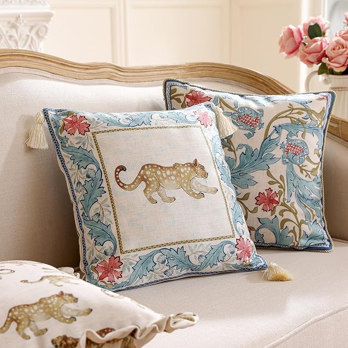 patdrea Designer Throw Pillow Covers for Couch 18"x18",Vintage French Linen Pillows Cover with Cheetah Pattern and White Pendant,Farmhouse Decorative Square Pillowcases for Bed Living Room Outdoor
