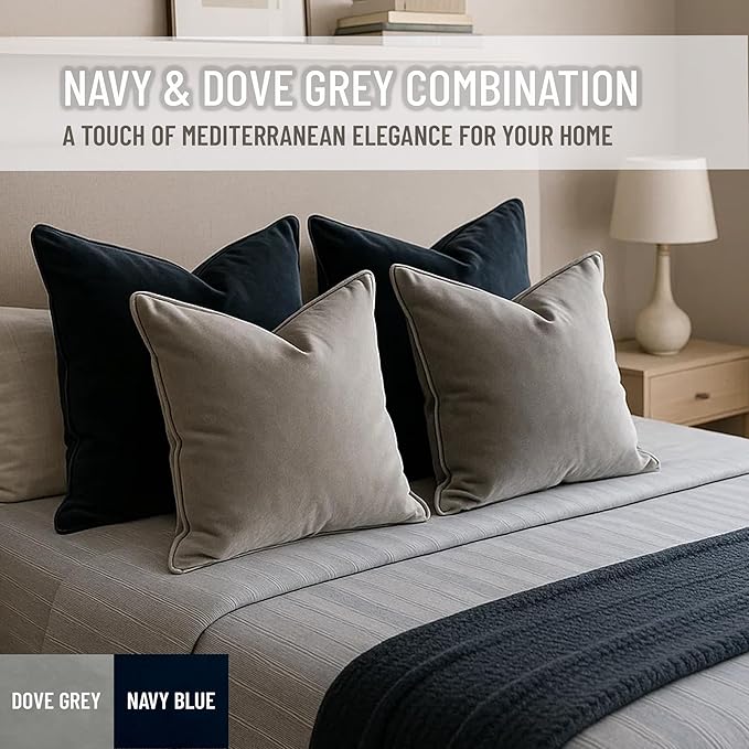 2 Pack Velvet Decorative Throw Pillow Covers, 18"x18", Navy Blue and Grey, Solid, Modern, Contrast Piping, Indoor Use, Bedroom & Living Room