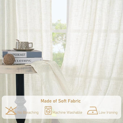 LAMIT 102 inch Semi Sheer Linen Curtains for Living Room, Back Tab and Rod Pocket Cream Curtains Light Filtering Country Rustic Neutral Drapes for Bedroom/Farmhouse, 2 Panels, 52 x 102 Inch