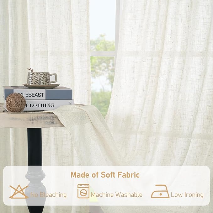 LAMIT Cream Linen Kitchen Curtains 30 Inch Length, Semi Sheer Light Filtering Window Panels Back Tab and Rod Pocket Drapes for Basement/Small Windows, 34 x 30 Inch, 2 Panels