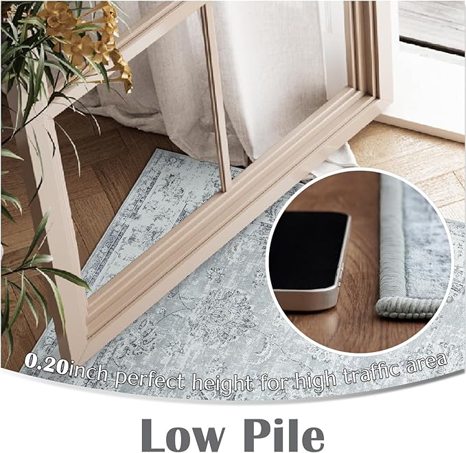 jinchan Fiora Runner Rug 2x5 Washable Hallway Runner- Vintage Floral Non Slip Low-Pile Soft Thin Kitchen Rug Distressed Carpet for Farmhouse Bedroom Entryway Laundry Room(2x5ft, Grey)