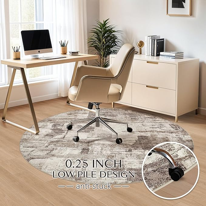 Abstract Living Room Rug Round 6FT - Modern Washable Soft Thin Area Rug for Living Room Bedroom Under Dining Table - Neutral Indoor Floor Rug Carpets for Home Office Playroom Nursery - Brown