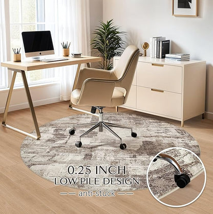Abstract Living Room Rug Round 6FT - Modern Washable Soft Thin Area Rug for Living Room Bedroom Under Dining Table - Neutral Indoor Floor Rug Carpets for Home Office Playroom Nursery - Brown