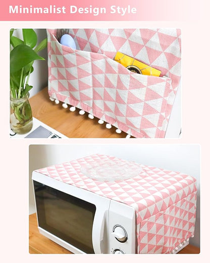 Microwave Oven Cover Dustproof Cotton Machine Protector Decorative Kitchen Appliance Cover with Side Storage Pockets (11.8 x 35.4 Inch, Pink Triangle)