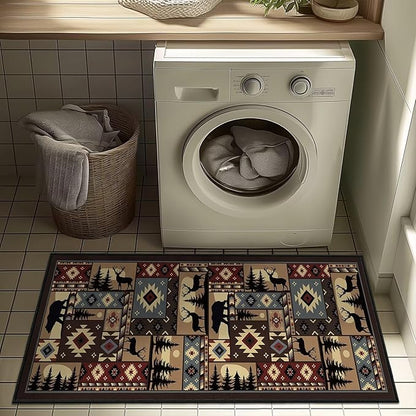 Rustic Rug 2x4,Cabin Wildlife Buffalo Plaid Bear Moose Deer Country,Ultra-Thin Throw Carpet Washable Kitchen Rug Runner Vintage Entryway Floor Mat Non Slip Indoor Door Mat for Hallway,Bedroom,Bedside