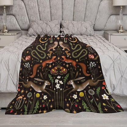 Rustic Forest Throw Blanket, Fairy Tale Forest Land Wild Animals Moths Flowers Moon Star Soft Flannal Blanket for Adult Kids Bed Couch Sofa, 40"x50"
