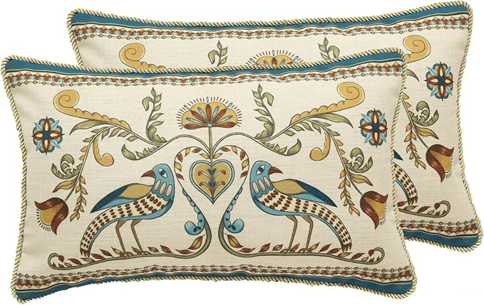 patdrea Designer Rectangle Throw Pillow Covers Set of 2,Farmhouse Blue Linen with Birds Floral Pattern Pillow Cover,Decorative Lumbar Pillowcases Cushion for Bed Living Room Outdoor Car,12"x20"