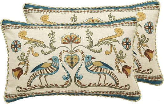 patdrea Designer Rectangle Throw Pillow Covers Set of 2,Farmhouse Blue Linen with Birds Floral Pattern Pillow Cover,Decorative Lumbar Pillowcases Cushion for Bed Living Room Outdoor Car,12"x20"