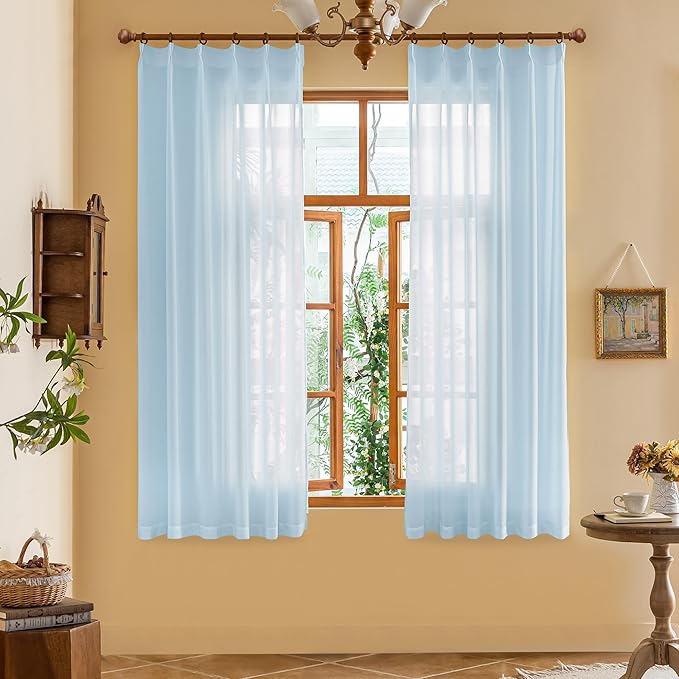 MAIHER Light Filtering Pinch Pleat Curtains 63 Inches Long Light Sky Blue Sheer Curtain Panels Soft Touch Short Pleated Drapes with Adjustable Hooks for Bedroom, Sky Blue, 42" W x 63" L, 2 Panels