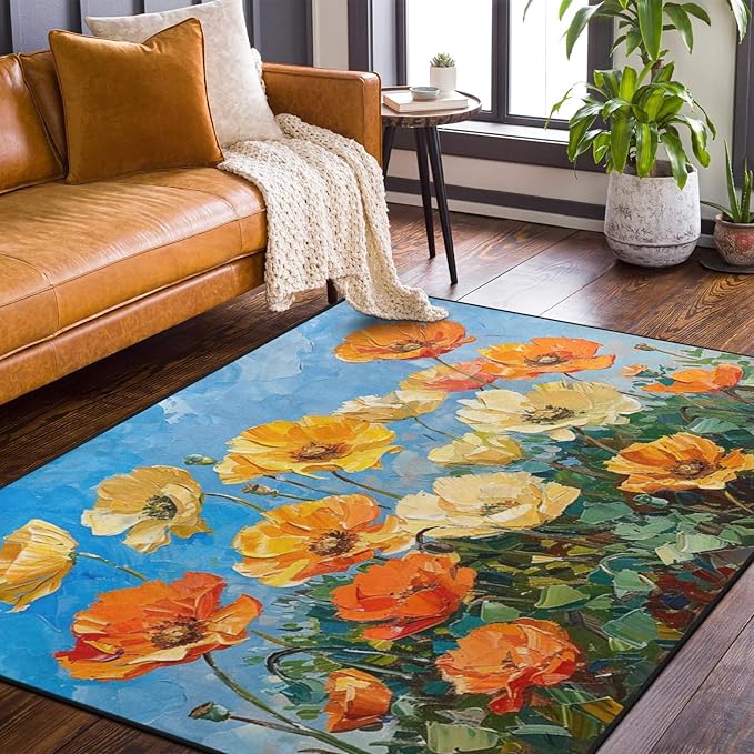 9CH Abstract Poppy Area Rug 7' X 5' Orange Yellow Poppies Rugs Non-Slip & Easy Care Flower Carpet for Living Room Kitchen Farmhouse Dorm Home Decor