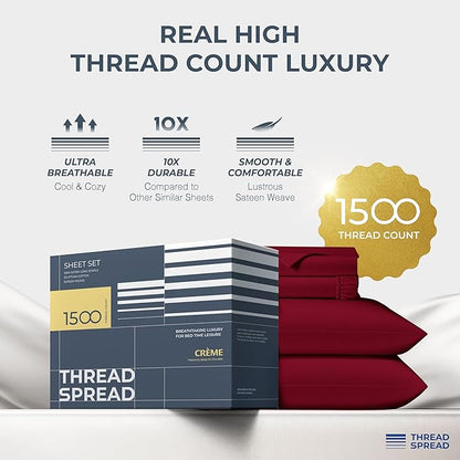 THREAD SPREAD 100% Egyptian Cotton California King Size - 1500 Thread Count 4 PC Cal King Sheets, Cooling Sateen, Burgundy