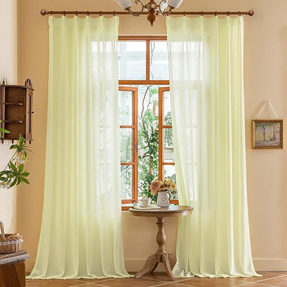 MAIHER Light Yellow Pinch Pleated Sheer Curtains 84 Inches Long for Bedroom Soft Touch Light Filtering Pleat Curtains with Ajustable Hooks for Kids Room, Pear Sorbet, 42" W x 84" L, 2 Panels