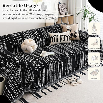 Chenille Couch Cover Pet Friendly, Sofa Cover Washable, Reversible Sofa Slipcover for Sectional Sofa, Loveseat, 2 or 3 Cushion Couch, Corner Sofa, Futon Cover (71" X 150", Black)