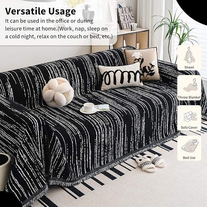 Chenille Couch Cover Pet Friendly, Sofa Cover Washable, Reversible Sofa Slipcover for Sectional Sofa, Loveseat, 2 or 3 Cushion Couch, Corner Sofa, Futon Cover (71" X 102", Black)