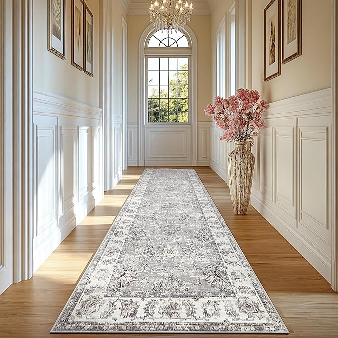 jinchan Fiora Hallway Runner Rug 2x10 Machine Washable Runner Rug Grey Vintage Floral Design Non-Slip Ultra-Thin for Kitchen Laundry Room Bedroom Farmhouse (2‘x10', Grey)