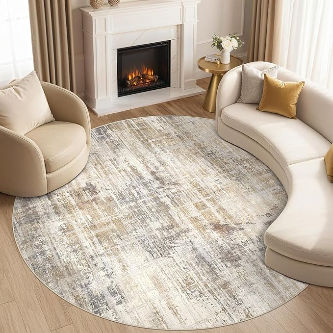 8ft Round Area Rug for Living Room: 8x8 Washable Neutral Abstract Modern Soft Rugs Non Slip Indoor Floor Stain Resistant Carpet for Bedroom Dining Room Office Nursery - Golden Brown