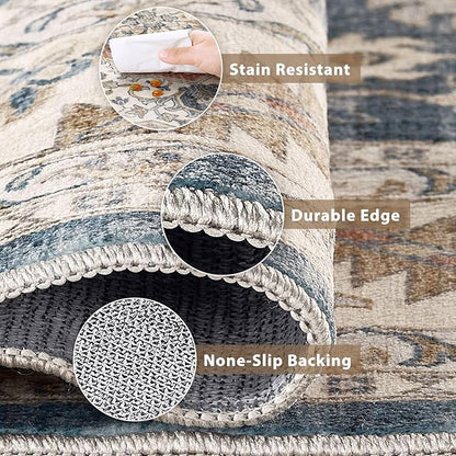 Vintage Hallway Runner Rug 3x8: Large Soft Washable Entryway for Kitchen Laundry Room Non-Slip Backing Runner for Entrance Living Room Bedroom Bathroom - Vintage Blue