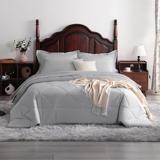 7-Piece King Comforter Set with Sheets – Soft and Breathable All-Season King Bed in a Bag, Down Alternative Comforter Set Solid Color All Season, Light Grey