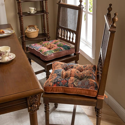 vctops Boho Paisley Chair Cushions with Ties Patchwork Square Soft Cozy Cotton Linen Chair Pads Non Slip Seat Cushions for Indoor Dining Room and Kitchen Chairs (Orange,16"x16")