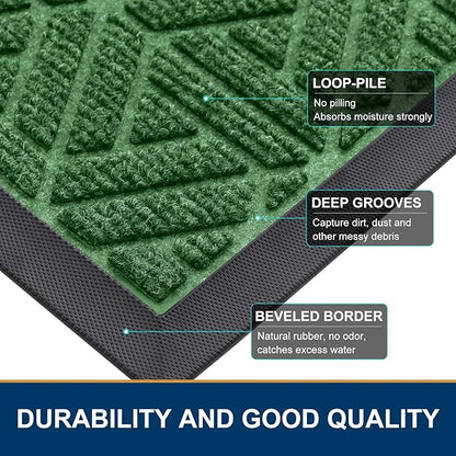 Smiry Front Door Mat Outside Entrance, Heavy Duty Sturdy Natural Rubber Doormat, Trap Dirt and Moisture, Easy Clean Low Profile Mats for Indoor Outdoor Entry, Grid Geometric (36x24, Green)