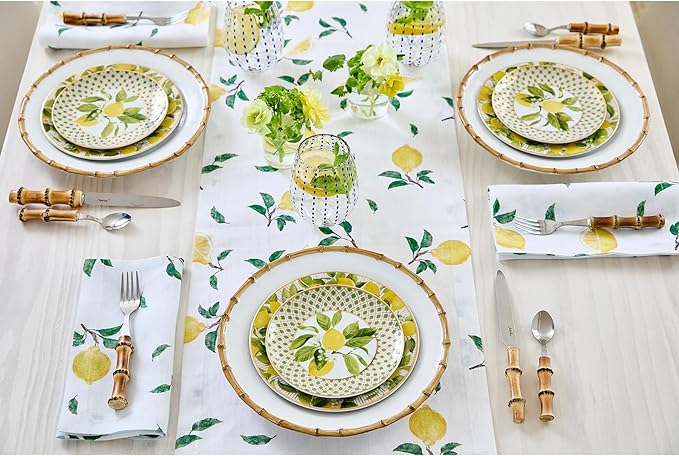Solino Home Lemon Print Table Runner 60 inch - 100% Pure Linen Table Runner 14 x 60 Inch - Machine Washable - Botanical Lemon/White Print