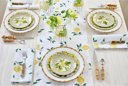 Solino Home Lemon Print Table Runner 90 Inches Long - 100% Pure Linen Table Runner 14 x 90 Inch - Machine Washable - Botanical Lemon/White Print
