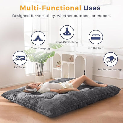 MAXYOYO Japanese Floor Mattress Queen Size, 6" Foldable Futon Mattress Tufted Roll Up Floor Bed, Thick Chenille Tatami Mat Sleeping Pad for Camping Guest Room Dormitory Bedroom RV, Dark Grey