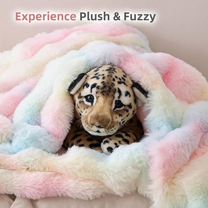 Smoofy Faux Fur Throw Blanket for Couch – Rainbow Fluffy Cozy Rabbit Fleece, Plush Soft Bubble Blanket for Sofa & Bed, for Mom, Warm Fuzzy Home Room Decor Throw 60" x 80"