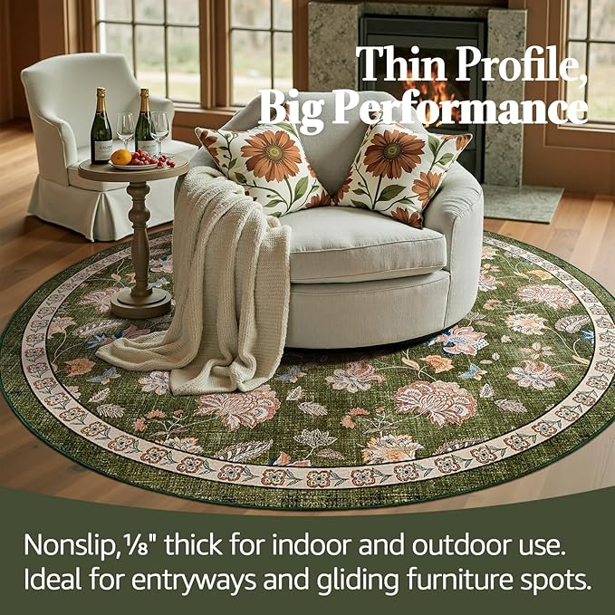 jinchan Elora 6ft Floral Round Rug for Washable Living Room Rug Vintage Romance Christmas Design Non Slip Indoor Floor Cover Lightweight Low-Profile Throw Carpet for Bedroom Porch Patio, Green