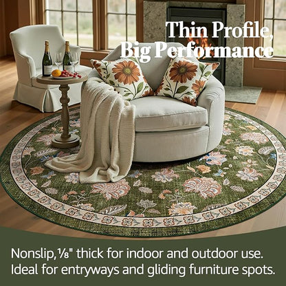 jinchan Elora 6ft Floral Round Rug for Washable Living Room Rug Vintage Romance Christmas Design Non Slip Indoor Floor Cover Lightweight Low-Profile Throw Carpet for Bedroom Porch Patio, Green
