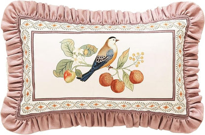 Pink Rectangle Farmhouse Throw Pillow Covers,Birds and Flowers Pattern Cozy Velvet Pillowcases,Decoration Lumbar Pillows Cushion Covers for Couch Sofa Bed Car Chair,12"x20"
