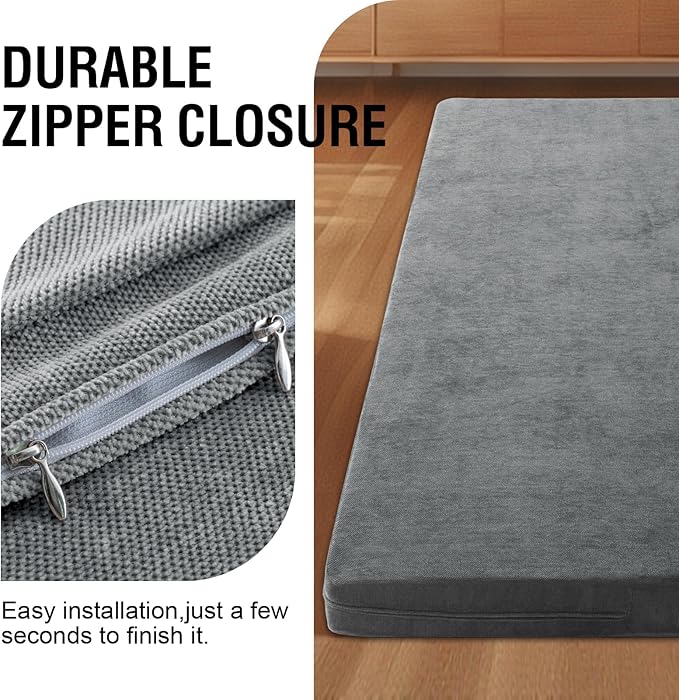 H.VERSAILTEX Full Size Armless Futon Mattress Covers for Traditional Japanese Futon Mattress Soft Chenille Couch Slipcovers Floor Mats Sofa Protector Zippered Sleeper Sofa Cover,Grey