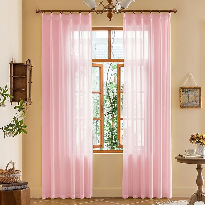 90 Inch Length Pink Pinch Pleat Sheer Curtains Light Filtering Soft Touch Tree Branch Textured Curtains Pleated Drapes with Ajustable Hooks (No Rings) for Bedroom, Pink, 42''W x 90"L, 2 Panels