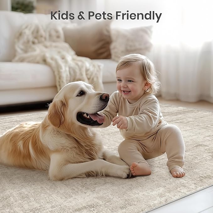 Valenrug Washable Rug 8x10 - Stain Resistant 8x10 Area Rugs for Living Room, Non Slip Backing Printed Rugs for Bedroom, Folable Machine Washable Area Rug(Beige,8'x10')