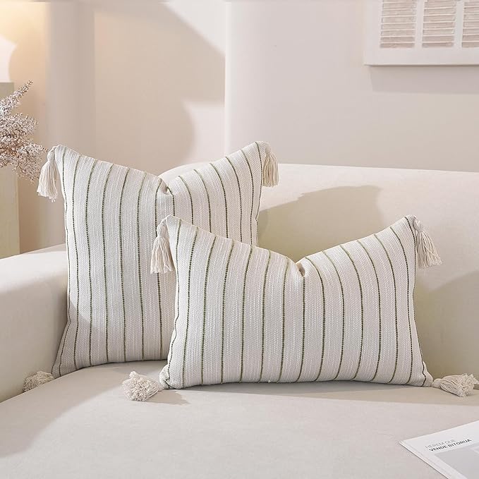 Boho Throw Pillow Covers 18x18 Inch Set of 2, Textured Linen Striped Square Pillow Covers with Tassels, Soft & Cozy Farmhouse Décor Pillow Cases for Sofa Couch Bed Living Room, Green