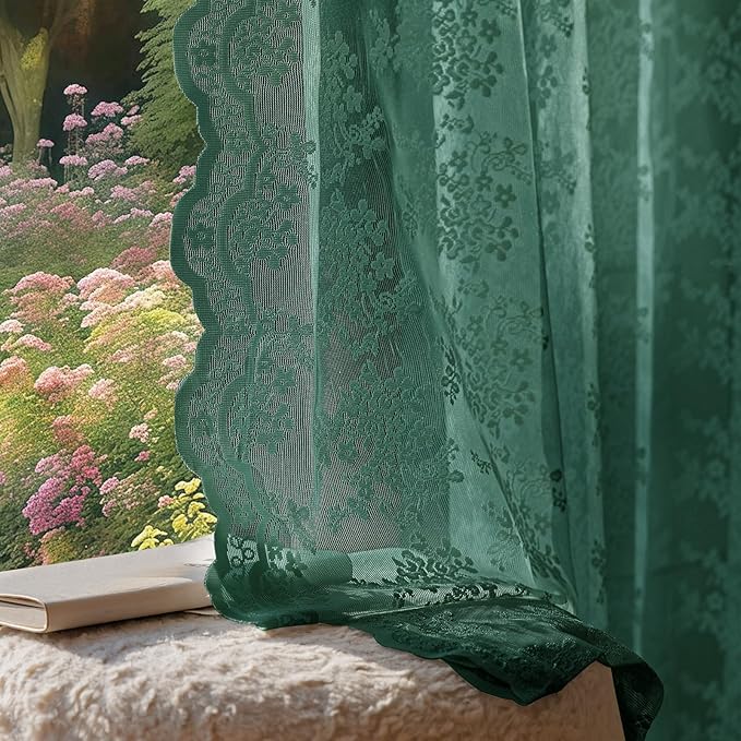 Anmao Vintage Lace Curtains 96 Inches Long 2 Panels, Romantic Semi Sheer Floral Lacy Curtain for Living Room, Elegant Window Drapes for Bedroom, Each Panel 55W x 96L, Turquoise